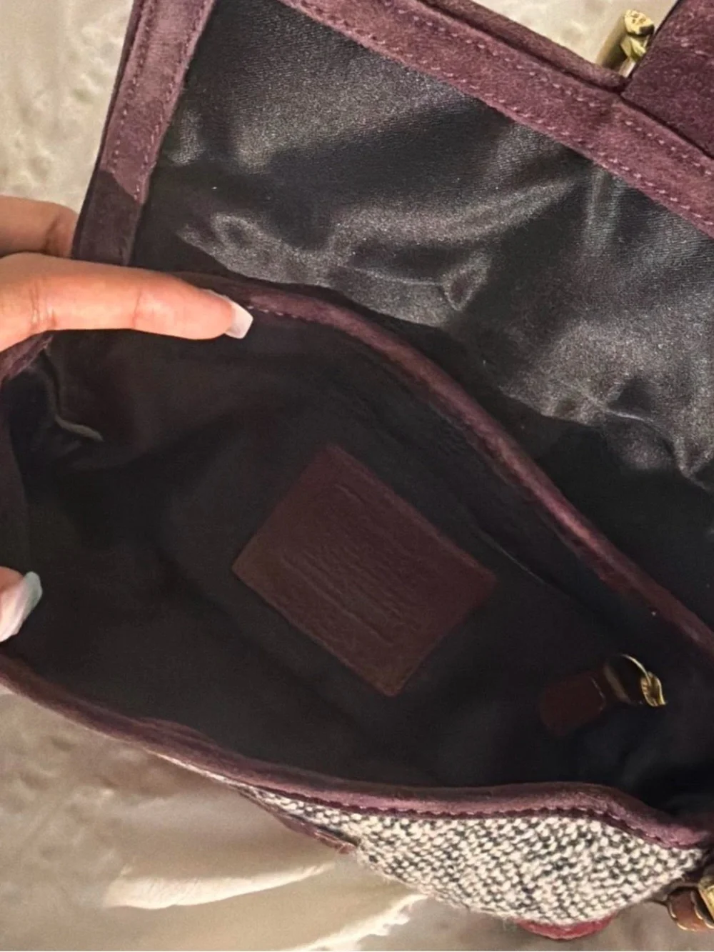 Coach Brown Leather & Burgundy Tweed Shoulder Bag with Gold Hardware